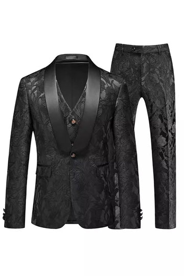 Black Jacquard 3 Pieces Shawl Lapel Single-breasted Men's Formal Suits